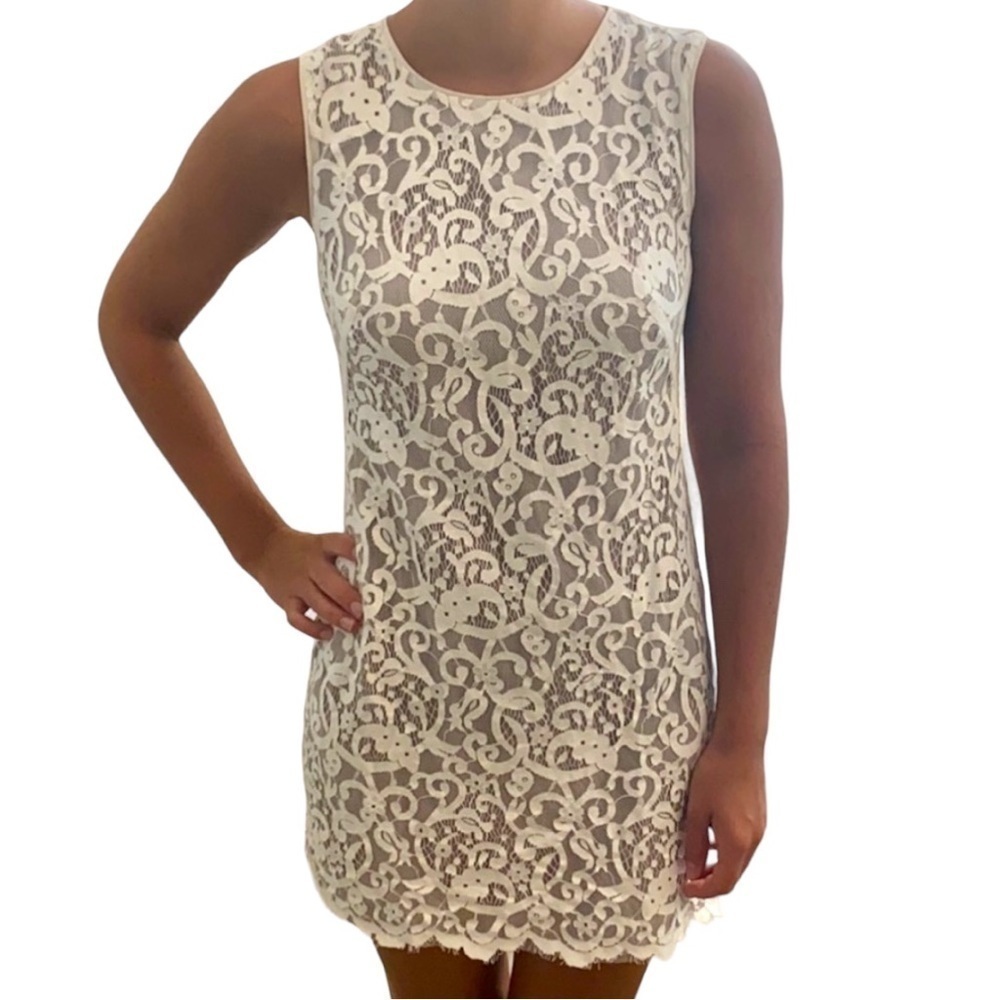 LOFT, CREAM COLOR, LACE MINI DRESS. TAUPE COLOR UNDERLAY. SIZE 10